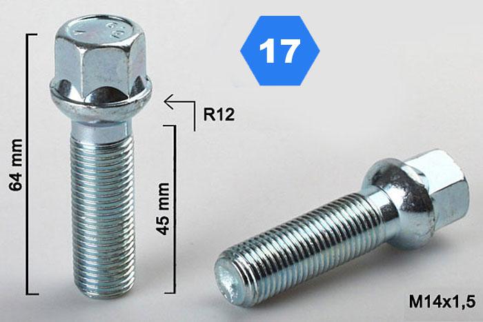 M14x1,5, Radius 12, Wielbout radius, Draadlengte 45mm, SW 17, o.a. Mercedes